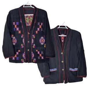 Vintage Embroidered Jacket Black Kimono‎ Women's XL Reversible Cotton Blend Boho